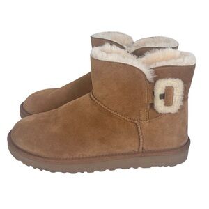 UGG Mini Bailey Fluff Buckle Boots Womens 10 Chestnut Brown Suede Slip On Winter